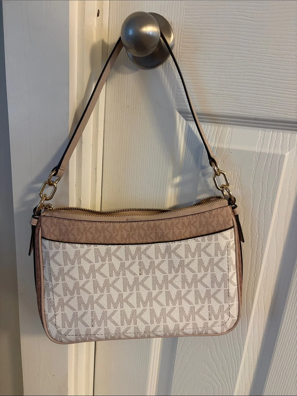 Michael Kors Beige and Blush MK Logo Canvas Shoulder Bag